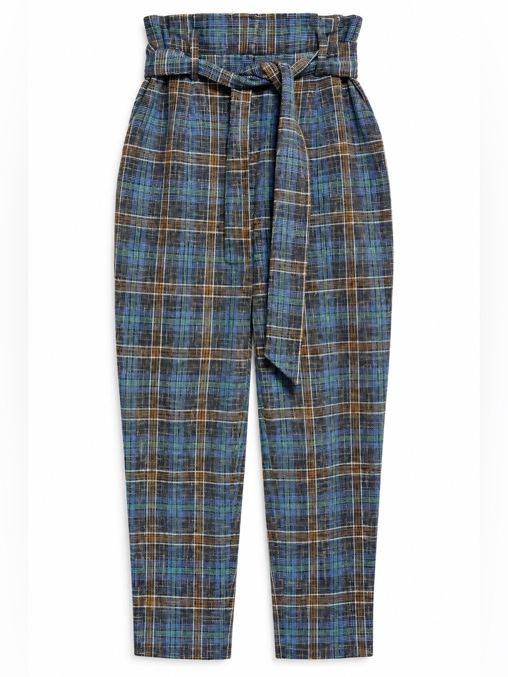 Veronica Beard Blue and Brown Plaid Paperbag Ankle Pants
